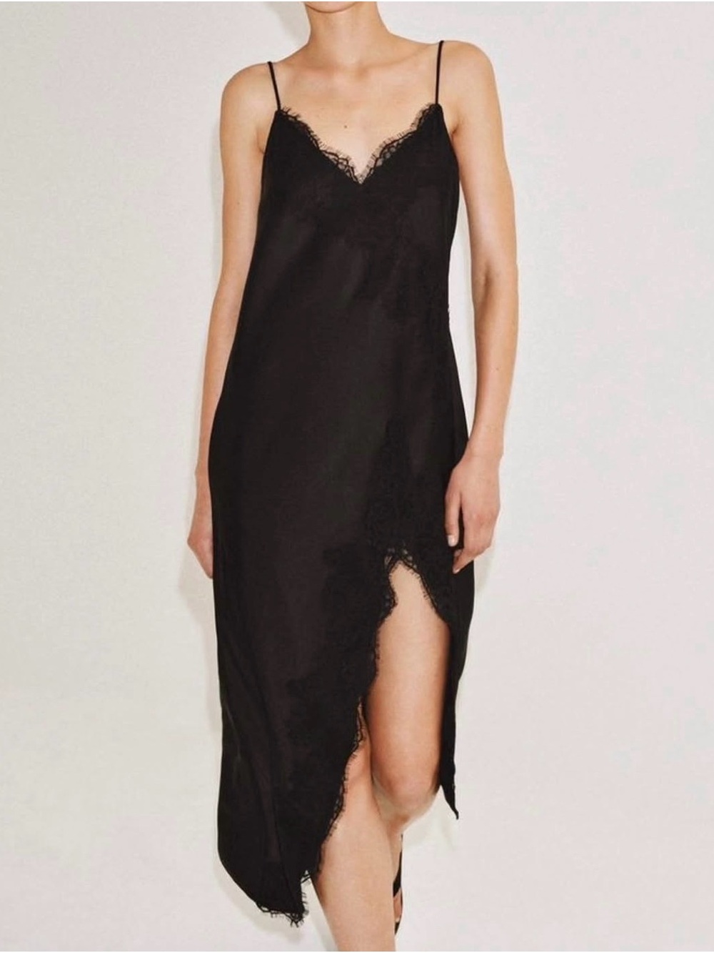 Zara Black Lace-Trim Satin Slip Dress NWT